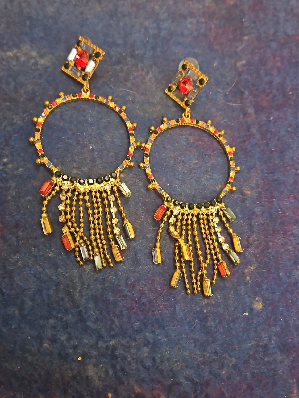 Vintage Metal Gold Hoop Fringe Drop Earrings with Red and Multicolor Stones